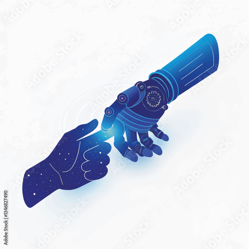 Human hand connecting with robotic arm in a futuristic design  