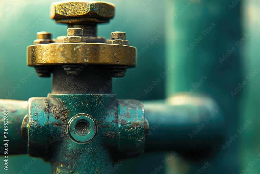Close-up of a weathered teal industrial pipe fitting with brass components, showing age and wear. Close-up of a weathered teal industrial pipe fitting with brass components, showing age and wear.