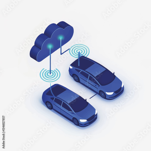 Two vehicles connected to cloud technology in an isometric design  