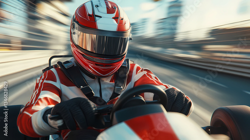 Go-Kart Racer in Motion: Experience the thrill as a determined racer navigates a go-kart at breakneck speed on a dynamic track, capturing the adrenaline-fueled essence of competitive racing.