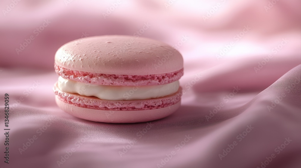 Delicate Pink Macaron on Soft Satin Fabric with Cream Filling for Elegant Dessert Presentation Delicate Pink Macaron on Soft Satin Fabric with Cream Filling for Elegant Dessert Presentation