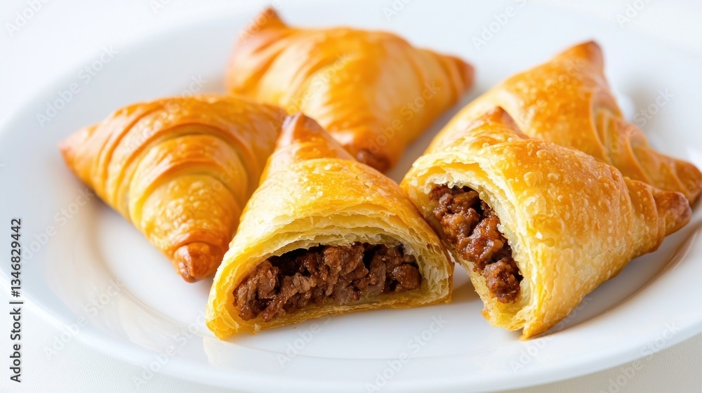 Golden empanadas with savory filling on a white plate in close up view tempting food photography Golden empanadas with savory filling on a white plate in close up view tempting food photography