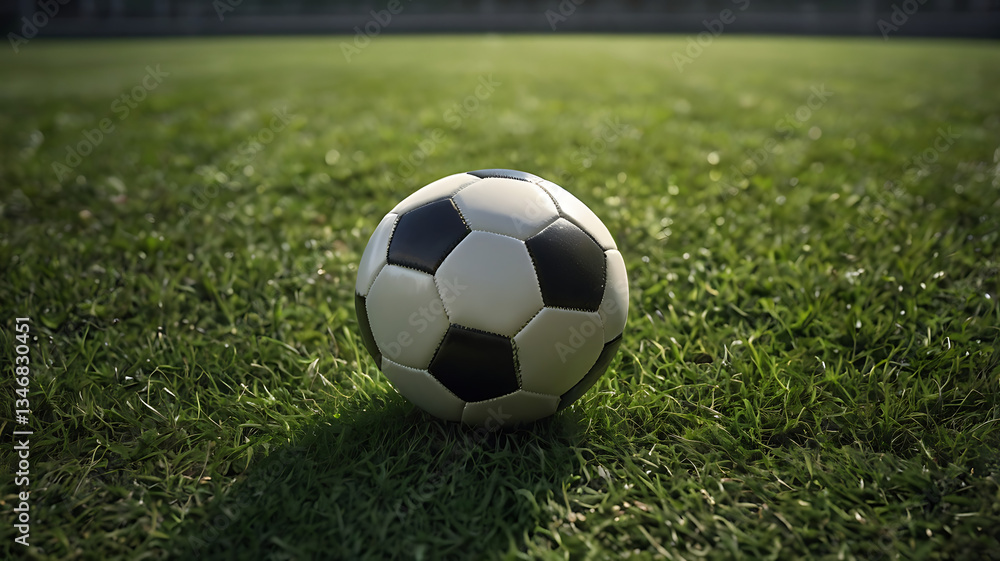 Fototapeta premium Classic Black and White Soccer Ball on Green Grass Field – Sports Background Soccer Ball Resting on a Lush Green Field – Perfect Game Moment Close-Up of a Traditional Football on Grass – Outdoor Sport