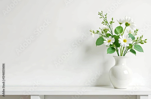 Vase with spring flowers stands on white wooden shelf, minimalist elegant spring decoration, white background. Mock up for your idea. Springtime. Summer time