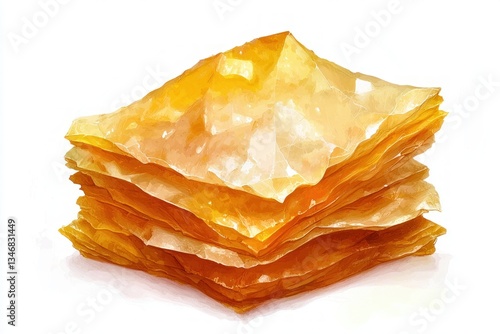 Golden layers of flaky pastry in a stacked pile abstract watercolor depiction of sweet indulgence artistic food