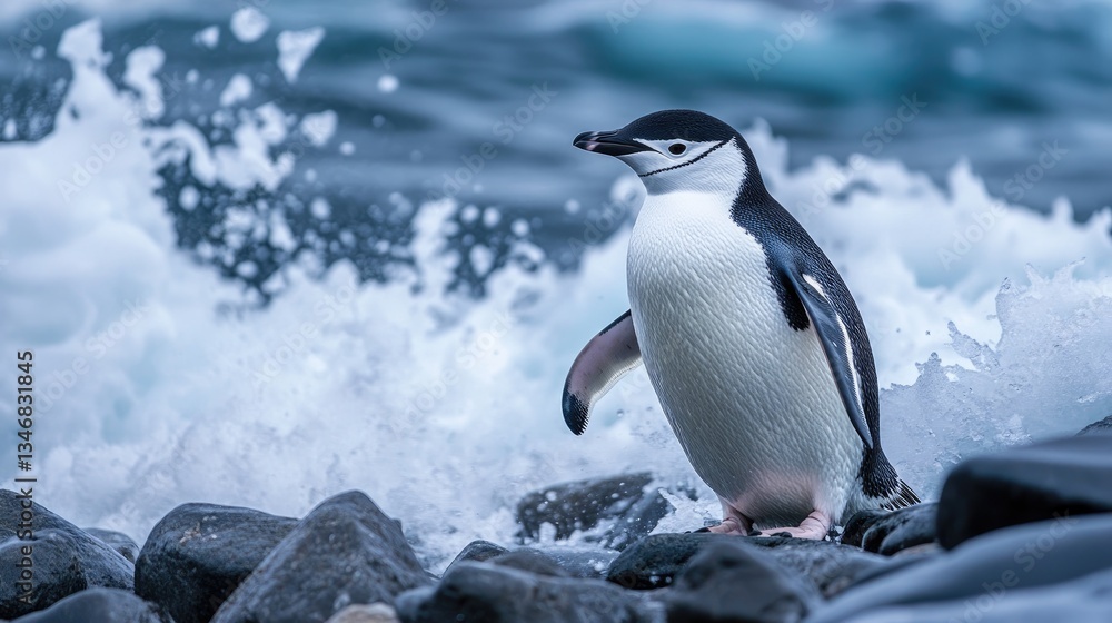 Fototapeta premium Majestic Penguin Standing on Rocky Shore with Ocean Waves Crashing