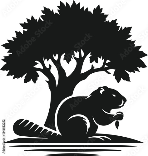 Beaver resting under a tree and tail flicking vector silhouette