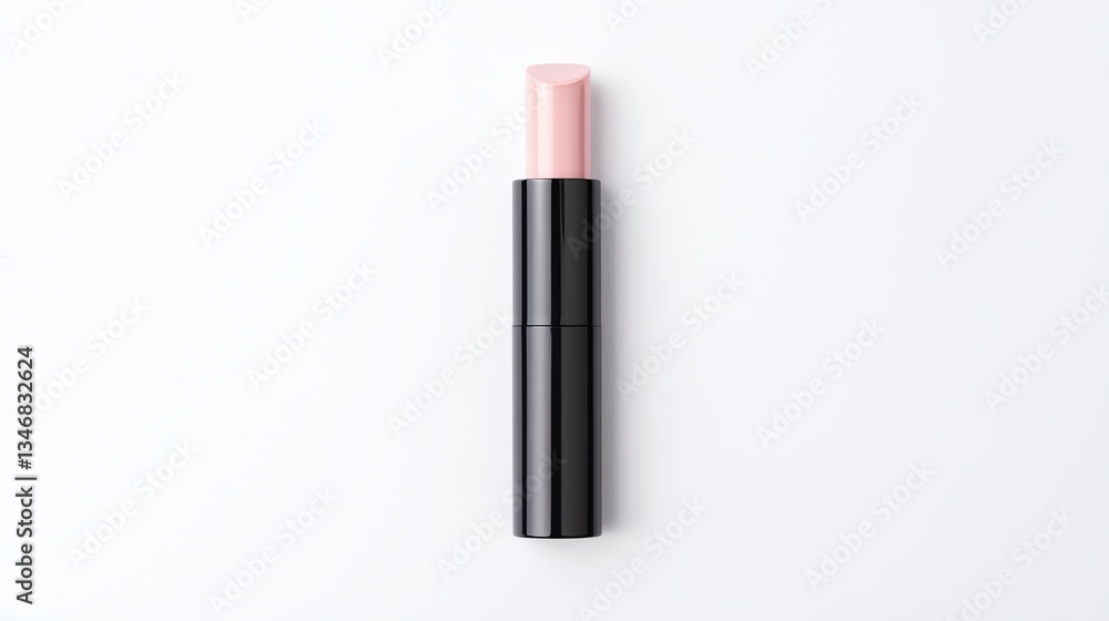 Obraz premium Lipstick in a sleek black case with a soft pink hue, perfectly placed on a white isolated background for beauty presentations.