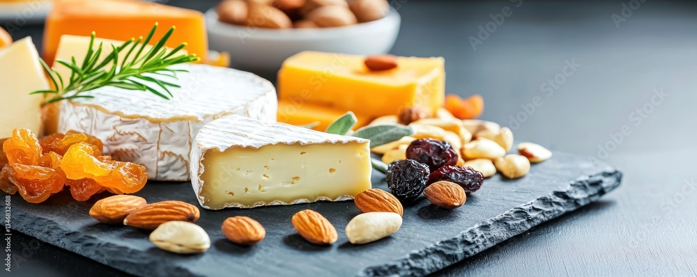 Fototapeta premium Appetizing Cheese Assortment Displayed on a Slate Serving Board Surrounded by Nuts and Dried Fruits