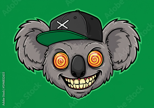 Smiling Koala in Baseball Cap, Pixel Art Illustration, Green Background