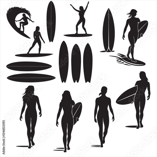 set of vector various surfer , man, women vector silhouette
