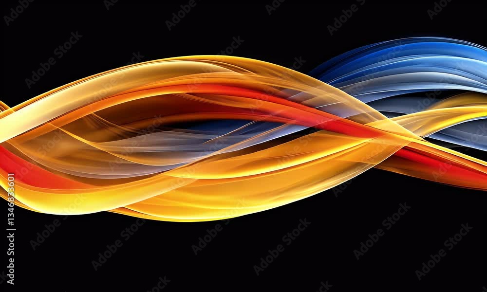 Abstract flowing waves of gold, orange, and blue create a dynamic and modern design against black.