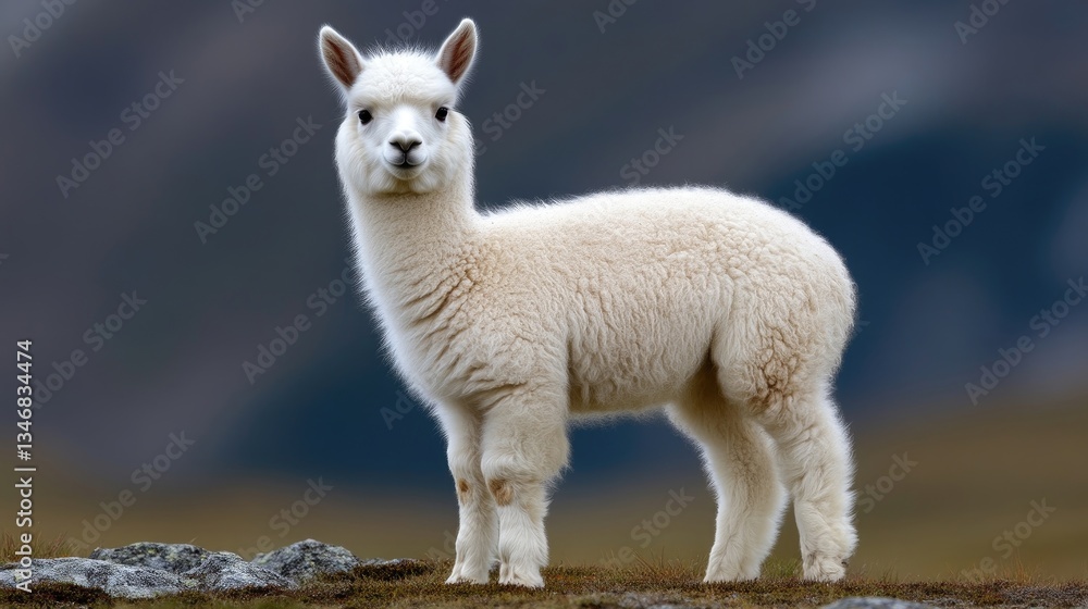 Fluffy white alpaca stands alert Fluffy white alpaca stands alert