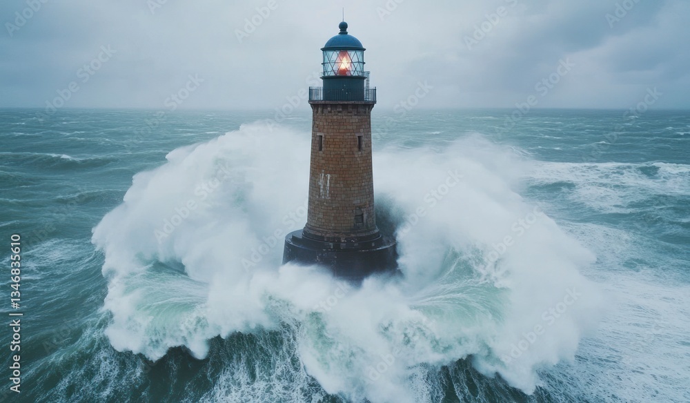Obraz premium Lighthouse Under Attack Powerful Ocean Waves Crashing Dramatic Coastal Scene