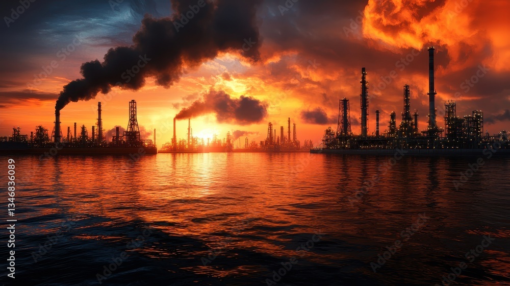 Silhouetted Oil Refinery at Sunset with Smoky Skies and Orange Water Reflection Silhouetted Oil Refinery at Sunset with Smoky Skies and Orange Water Reflection