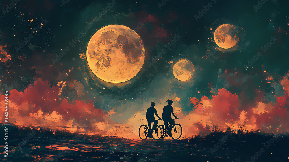Fototapeta premium Cosmic Reverie: Amidst a breathtaking display of celestial wonder, two figures on bicycles traverse a fantastical landscape, bathed in the ethereal glow of multiple moons and starlit skies.