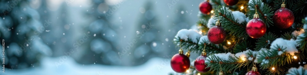 Snow-covered fir tree with ornaments and garland, wooden star, holiday decorations Snow-covered fir tree with ornaments and garland, wooden star, holiday decorations