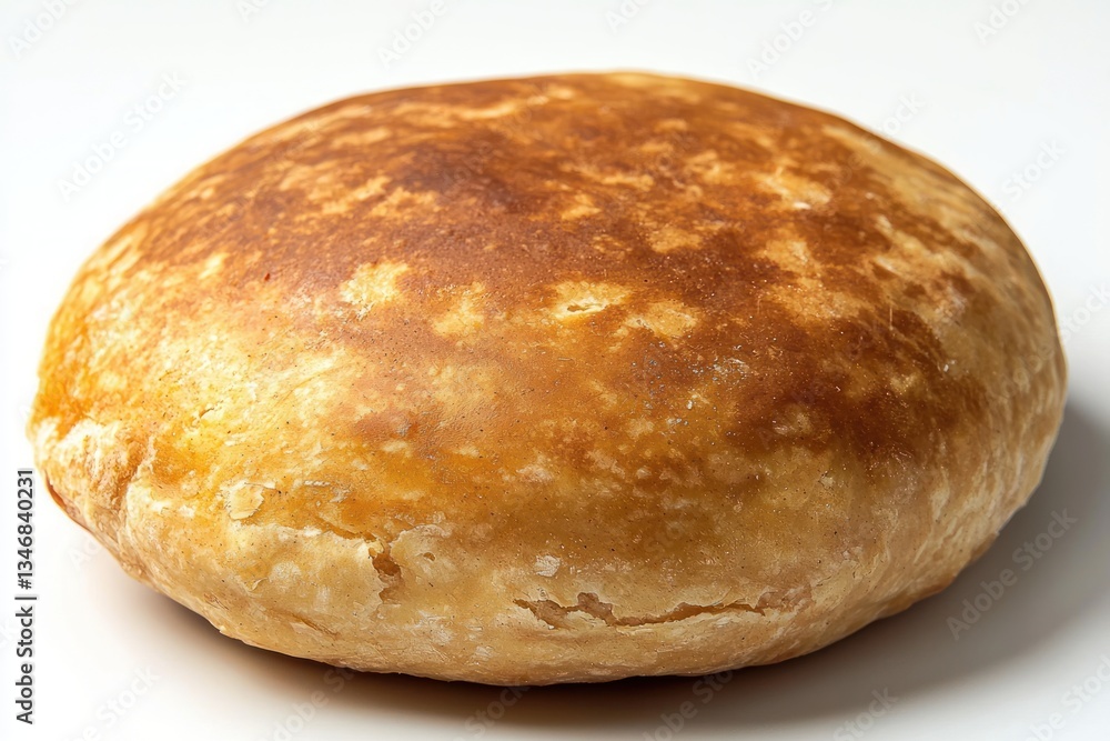 Golden rustic sourdough bread loaf close up studio shot with shallow depth of field on plain white surface Golden rustic sourdough bread loaf close up studio shot with shallow depth of field on plain white surface