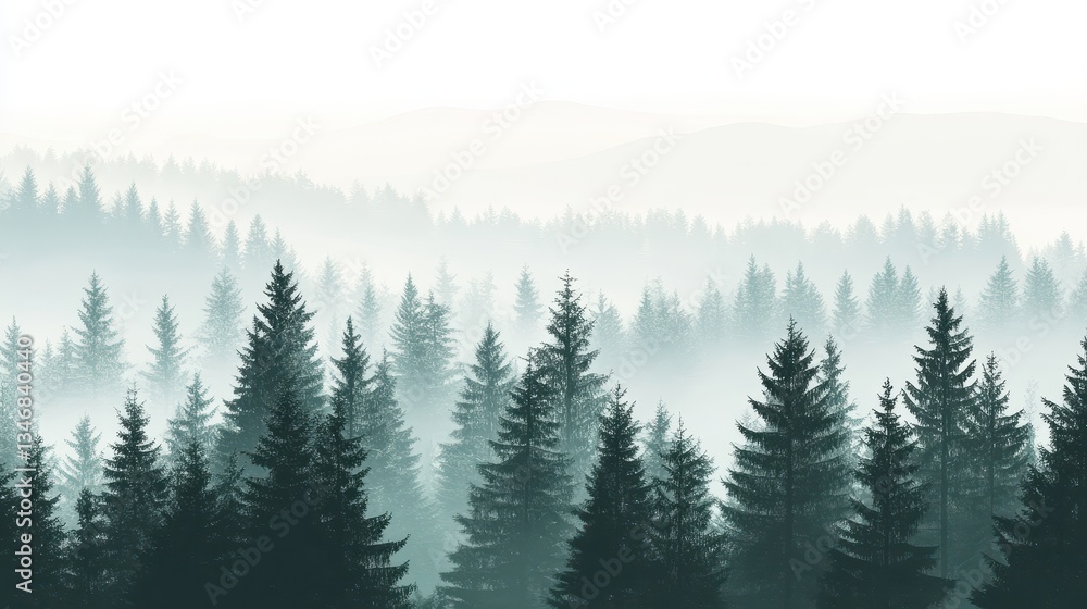 Fototapeta premium Misty Conifer Forest Landscape with Mountain Morning Fog.