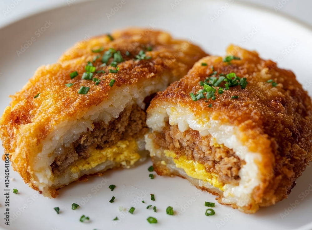 Cutting Into Delicious Crispy Rice Cake with Ground Meat Filling Close-up Cutting Into Delicious Crispy Rice Cake with Ground Meat Filling Close-up