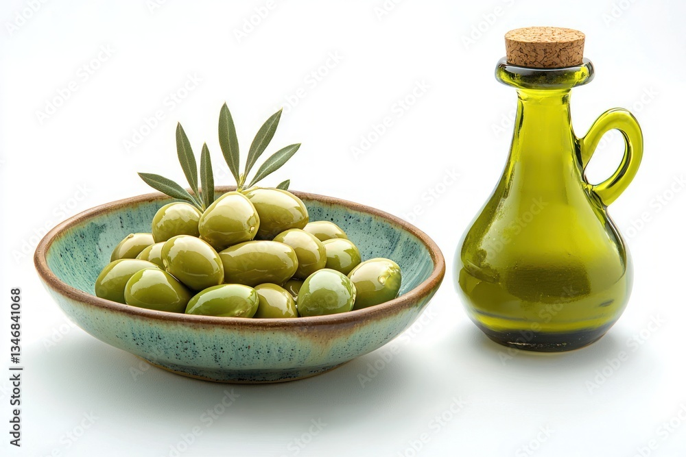 Captivating Still Life Featuring Lush Green Olives in a Rustic Bowl Beside Green Glass Bottle Captivating Still Life Featuring Lush Green Olives in a Rustic Bowl Beside Green Glass Bottle