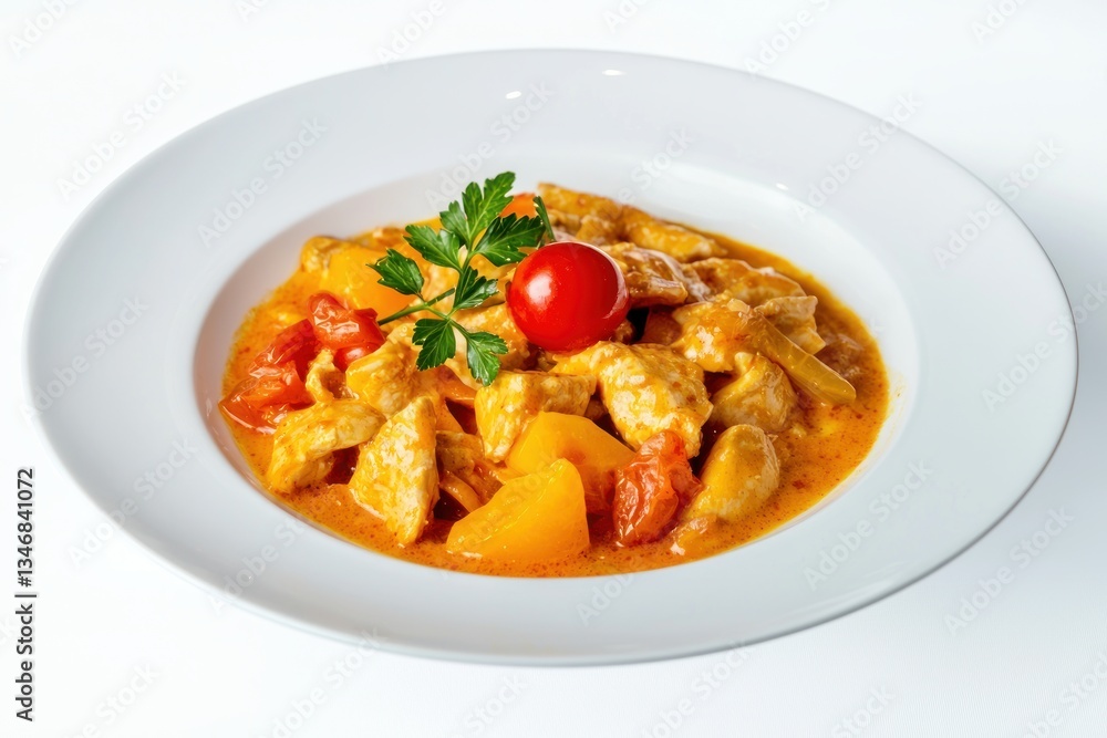 Delicious chicken stir fry on white plate with yellow pepper tomatoes and parsley garnish Delicious chicken stir fry on white plate with yellow pepper tomatoes and parsley garnish