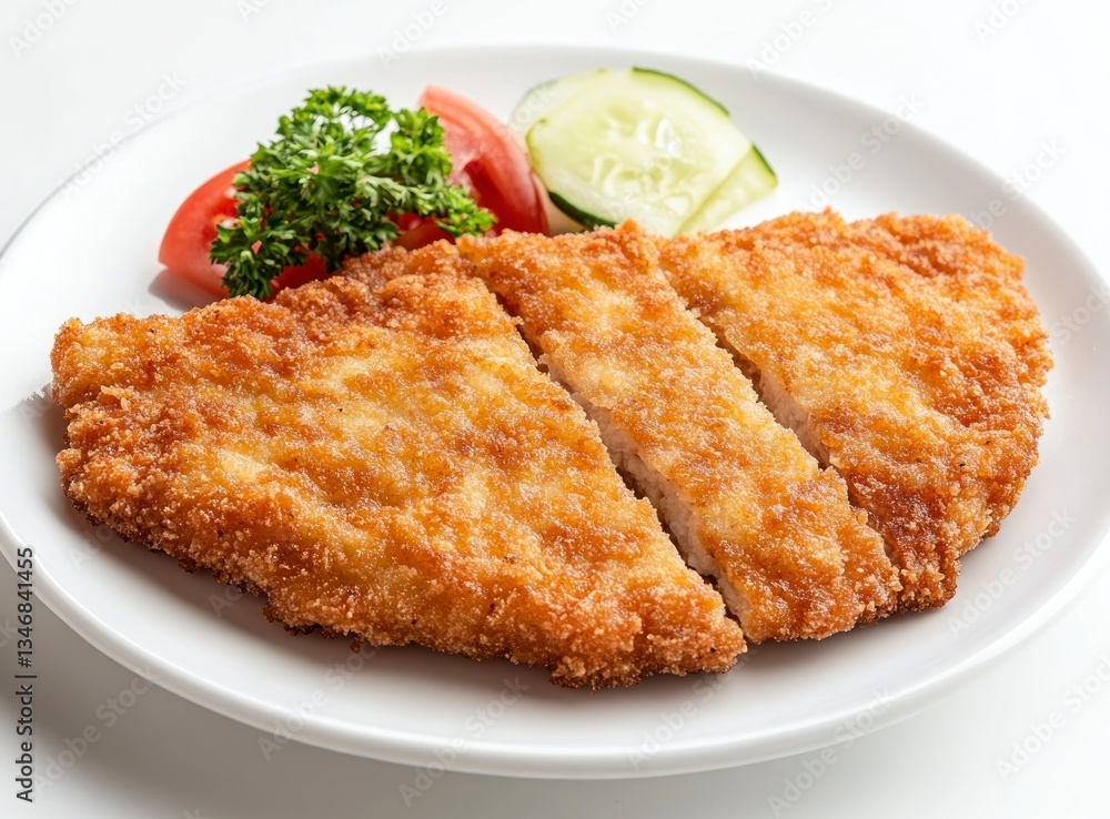 Crispy Tonkatsu Cutlet Plate with Fresh Tomato and Cucumber Garnish Crispy Tonkatsu Cutlet Plate with Fresh Tomato and Cucumber Garnish