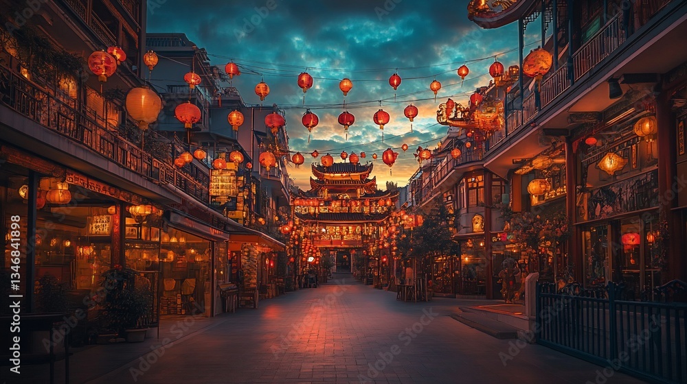Obraz premium Illuminated Asian street, lanterns, dusk, festival, travel