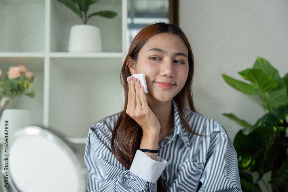 Skin Care and Cleansing. Woman applying toner on her face for a fresh look. Skin Care and Cleansing. Woman applying toner on her face for a fresh look.