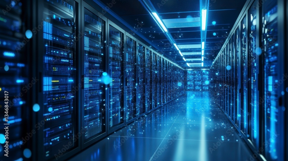 Obraz premium Futuristic server room with glowing data streams.