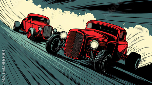 Vintage Racing: A dynamic illustration captures the essence of high-speed competition as two classic, low-rider cars navigate a sharp curve on a darkened racetrack. The image encapsulates the thrill.