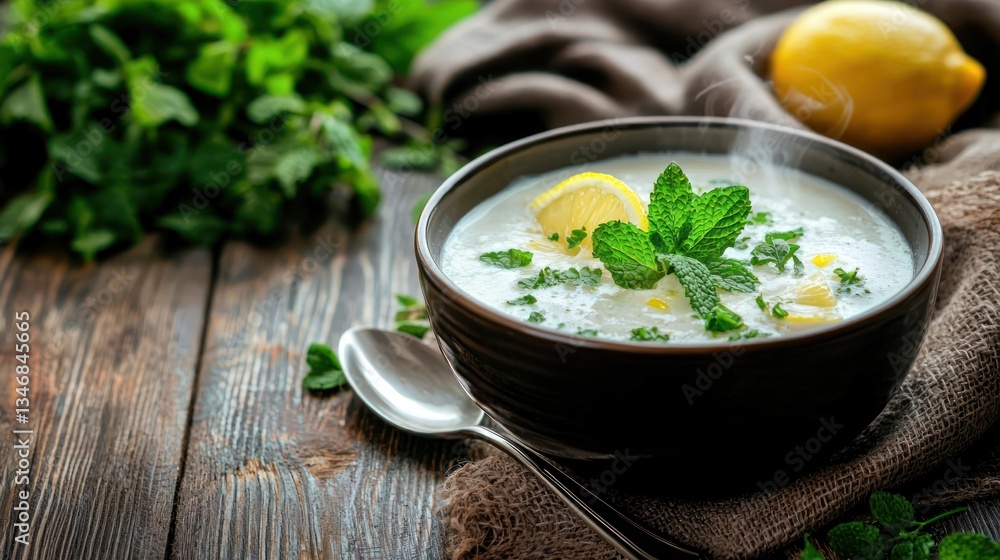 Creamy refreshing soup with lemon and mint on a wooden table in a cozy rustic setting close angle Creamy refreshing soup with lemon and mint on a wooden table in a cozy rustic setting close angle