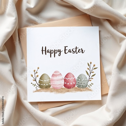 Flat Lay of Handmade ‘Happy Easter’ Boho Card on Linen Fabric with Muted Colors and Botanical Elements