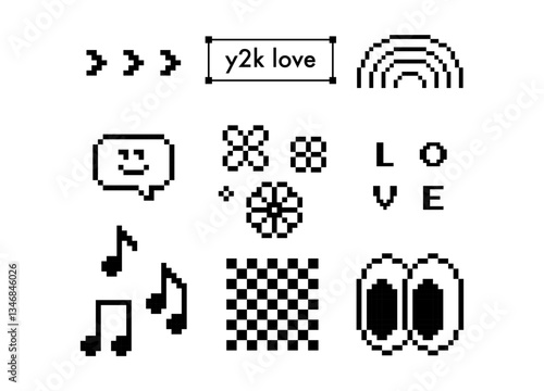Y2K inspired pixel art icon set. Smile face, speech bubble, eyes and cool nostalgic digital symbols. Game abstract black elements on white background. Retro trendy design for collage sticker, cover