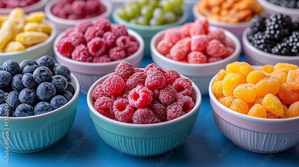 Colorful Display of Fresh Berries and Candied Fruits in Decorative Bowls on Vibrant Blue Surface Colorful Display of Fresh Berries and Candied Fruits in Decorative Bowls on Vibrant Blue Surface