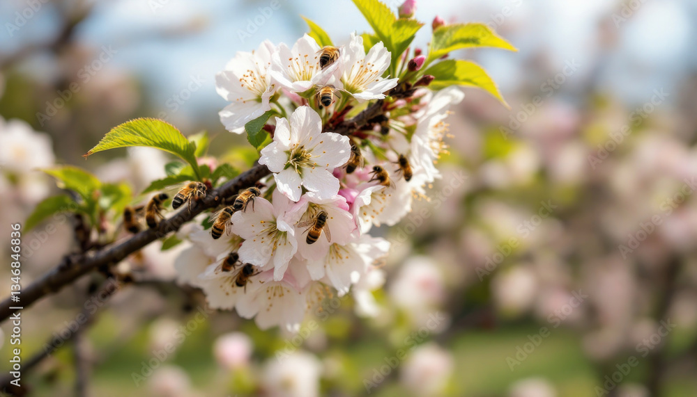 Bees Pollinating Cherry Blossoms in Spring Bees Pollinating Cherry Blossoms in Spring