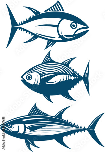 Set of Stylized Tuna Fish Illustrations – Marine and Fishing Theme, Vector illustration of three stylized tuna fish, perfect for fishing logos, seafood branding, and marine-themed designs