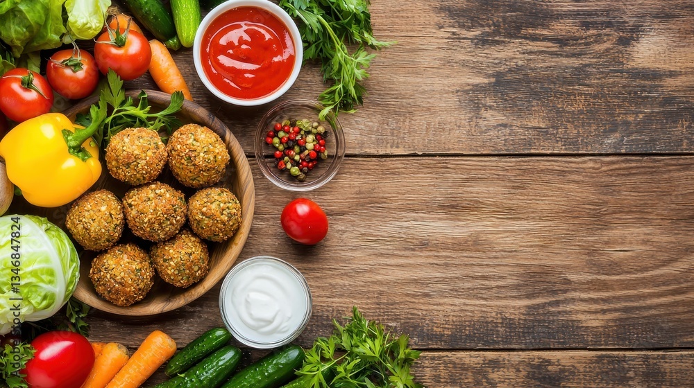 Overhead shot of fresh falafel with various vegetables and vibrant sauces on a rustic wooden background flatlay Overhead shot of fresh falafel with various vegetables and vibrant sauces on a rustic wooden background flatlay