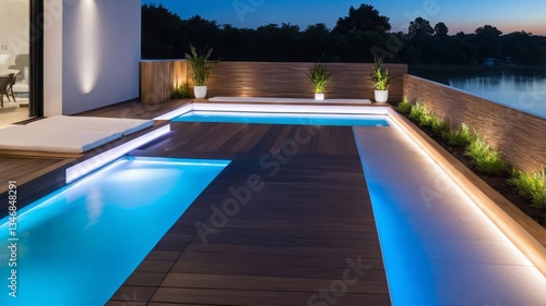 Exterior night scene depicts a deck with illuminated pools of water