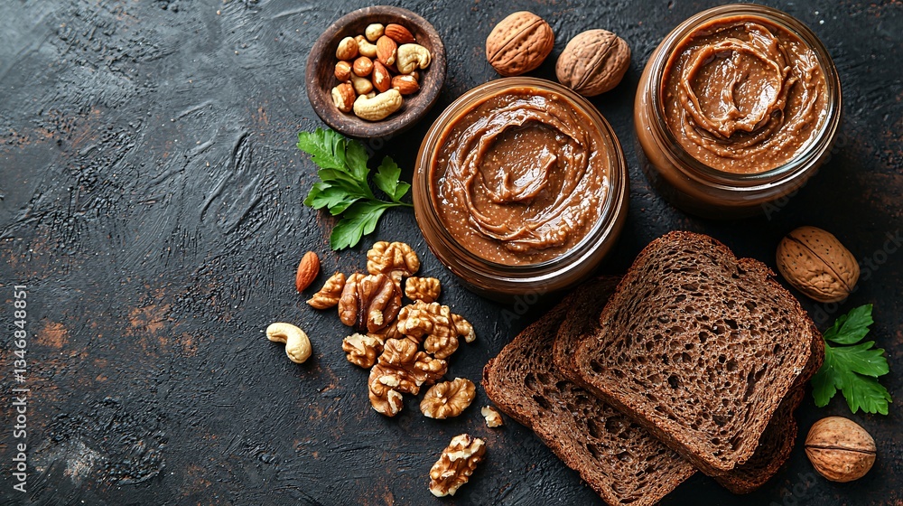 Delicious Spread of Nut Butter with Fresh Ingredients on Rustic Table Setting, Ideal for Health Food Lovers Delicious Spread of Nut Butter with Fresh Ingredients on Rustic Table Setting, Ideal for Health Food Lovers