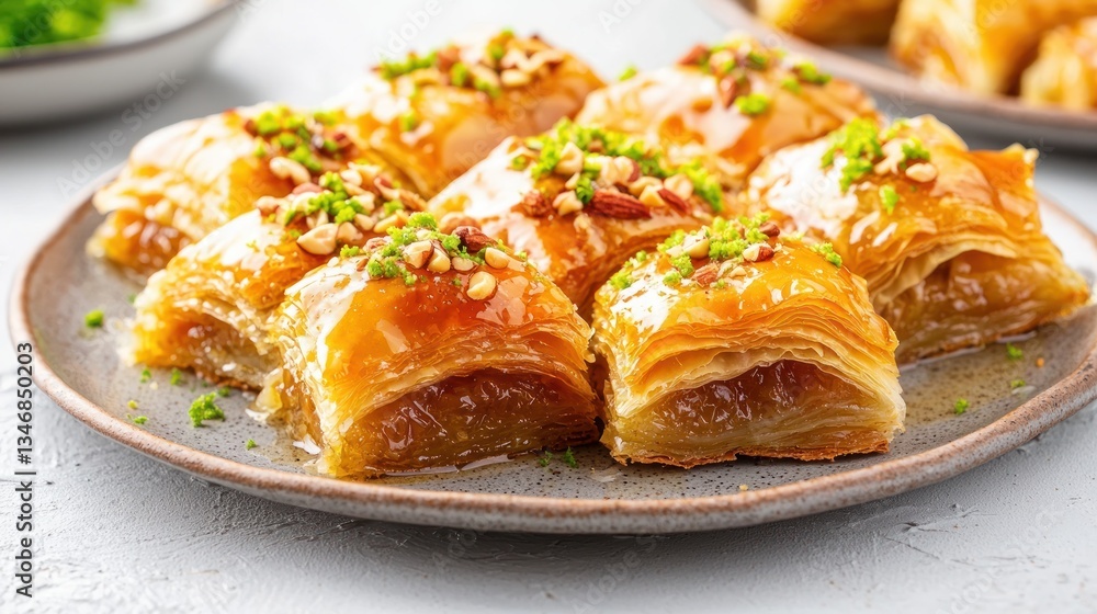Mouthwatering Middle Eastern Baklava Dessert Displayed on Plate Sweet Treat with Honey and Nuts Studio Shot Mouthwatering Middle Eastern Baklava Dessert Displayed on Plate Sweet Treat with Honey and Nuts Studio Shot