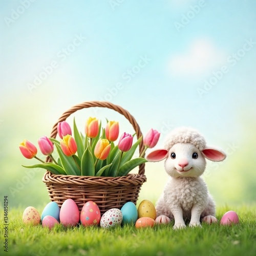 Close-Up of a Baby Lamb Resting Beside a Basket of Pastel Tulips with a Soft Spring Background