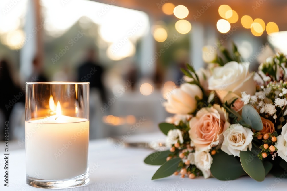 Obraz premium A stylish table setting featuring a floral arrangement complemented by soft candlelight, enhancing the warmth and intimacy for gatherings or celebrations.