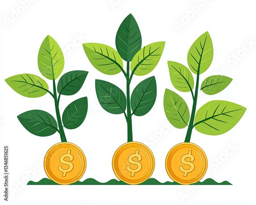 Economic growth interment GDP sustainability Illustration of green plants emerging from coins, symbolizing growth and financial prosperity.