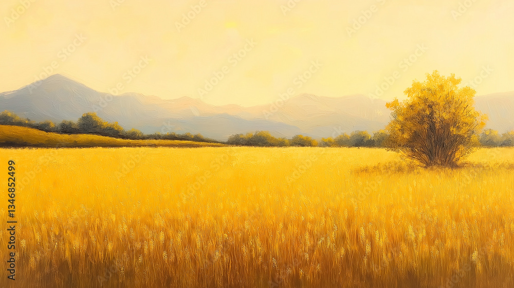 Obraz premium Golden Fields: A breathtaking landscape of golden fields stretches towards distant mountains, under a warm, hazy sky.