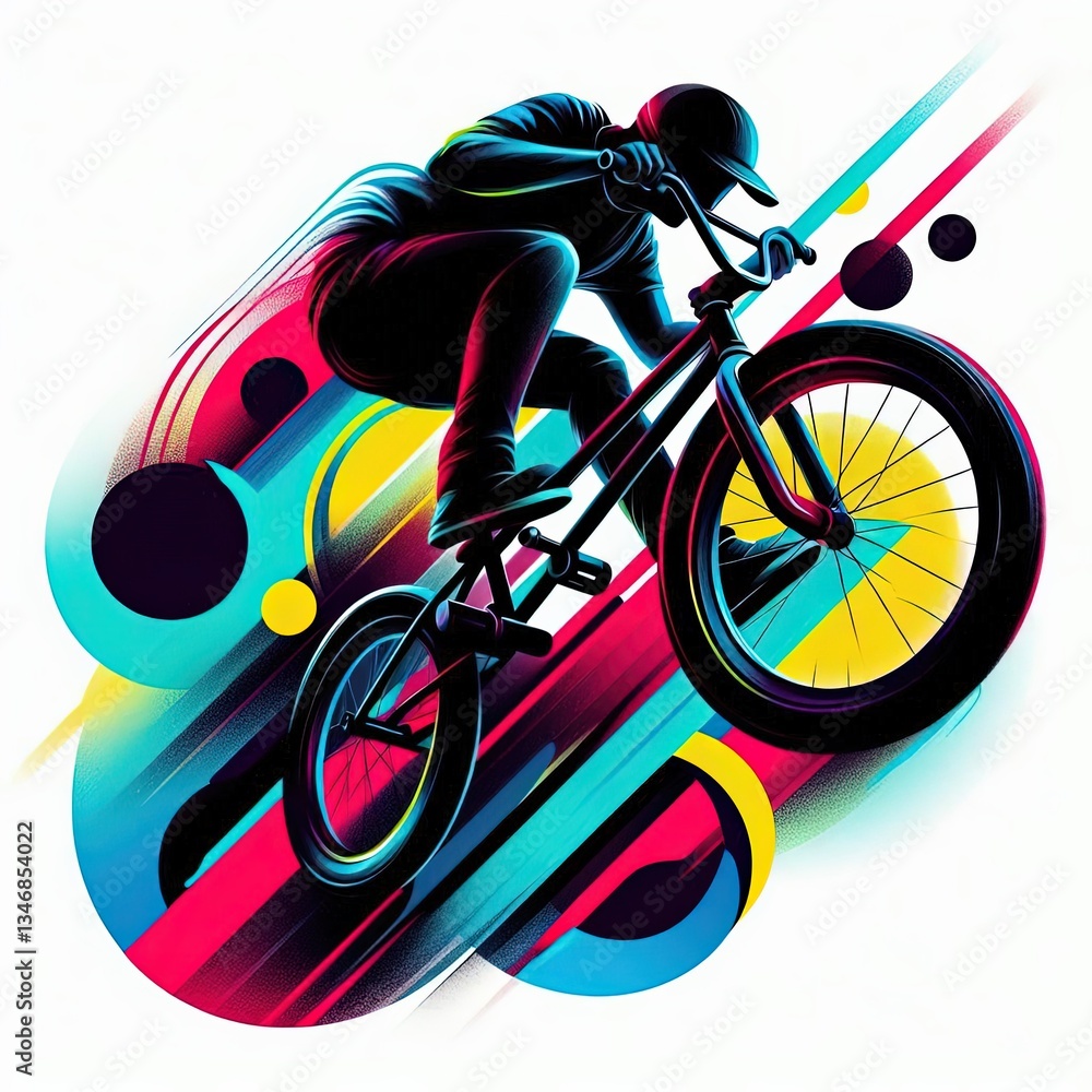 Fototapeta premium Dynamic Bmx Rider Graphic with Retro Pop Art Style Background Elements
