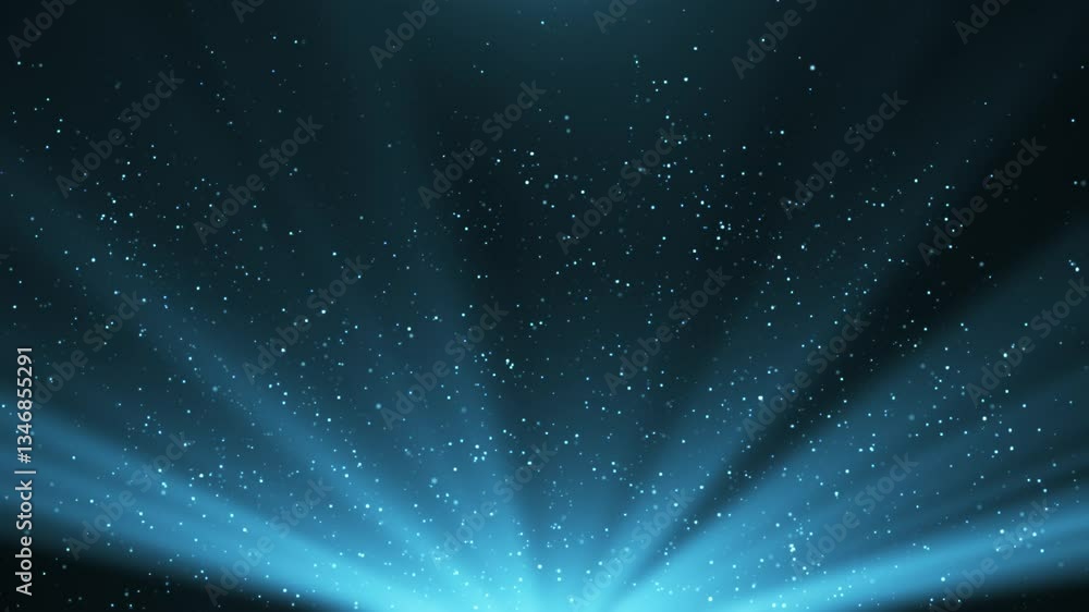 The spotlight illuminates the stage background. Spotlight with flying particles. Gold color rays. Empty scene with light for product. Seamless loop 4k video