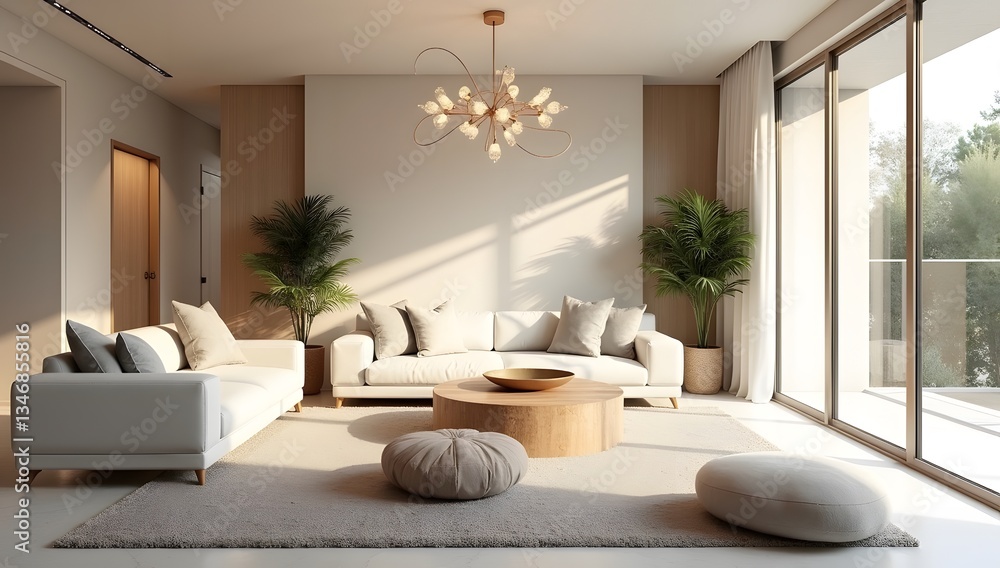 Fototapeta premium Modern living room interior with a cozy white sofa, textured pillows, and a wooden coffee table. Decor includes potted plants, abstract artwork, and natural elements. Stylish home decor. Template. 