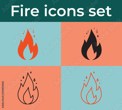 Set of fire icons with flames, symbols, and warning signs in yellow, representing danger, heat, and flammability