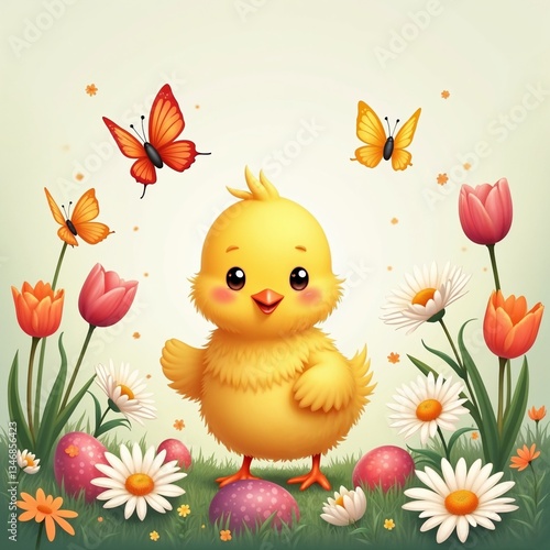 Fluffy Yellow Easter Chick Standing in Green Grass with Butterflies Under a Blue Sky